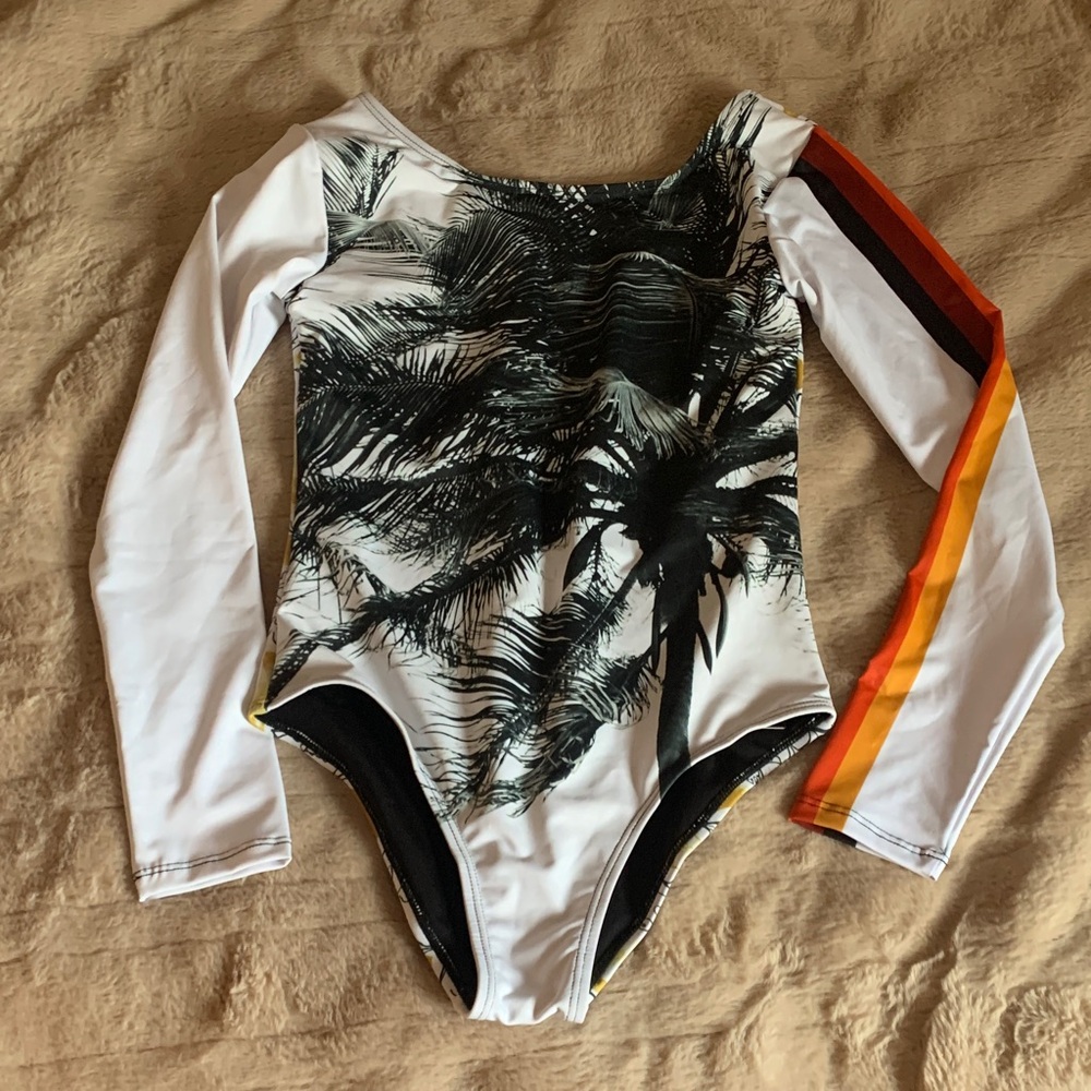 Tropical Long Sleeve Bodysuit with Striped Sleeve